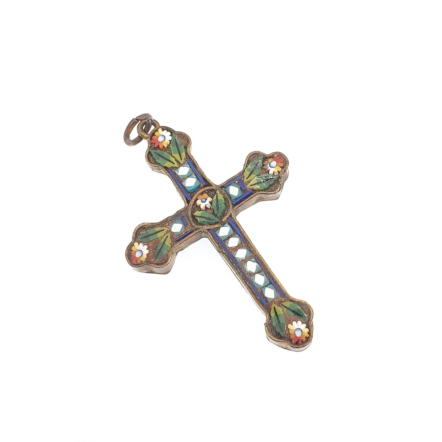 Antique Victorian Micro Mosaic Crucifix Necklace Pendant Cross Gold Tone Micromosaic Handmade Italian Vintage Jewelry Jewellery
