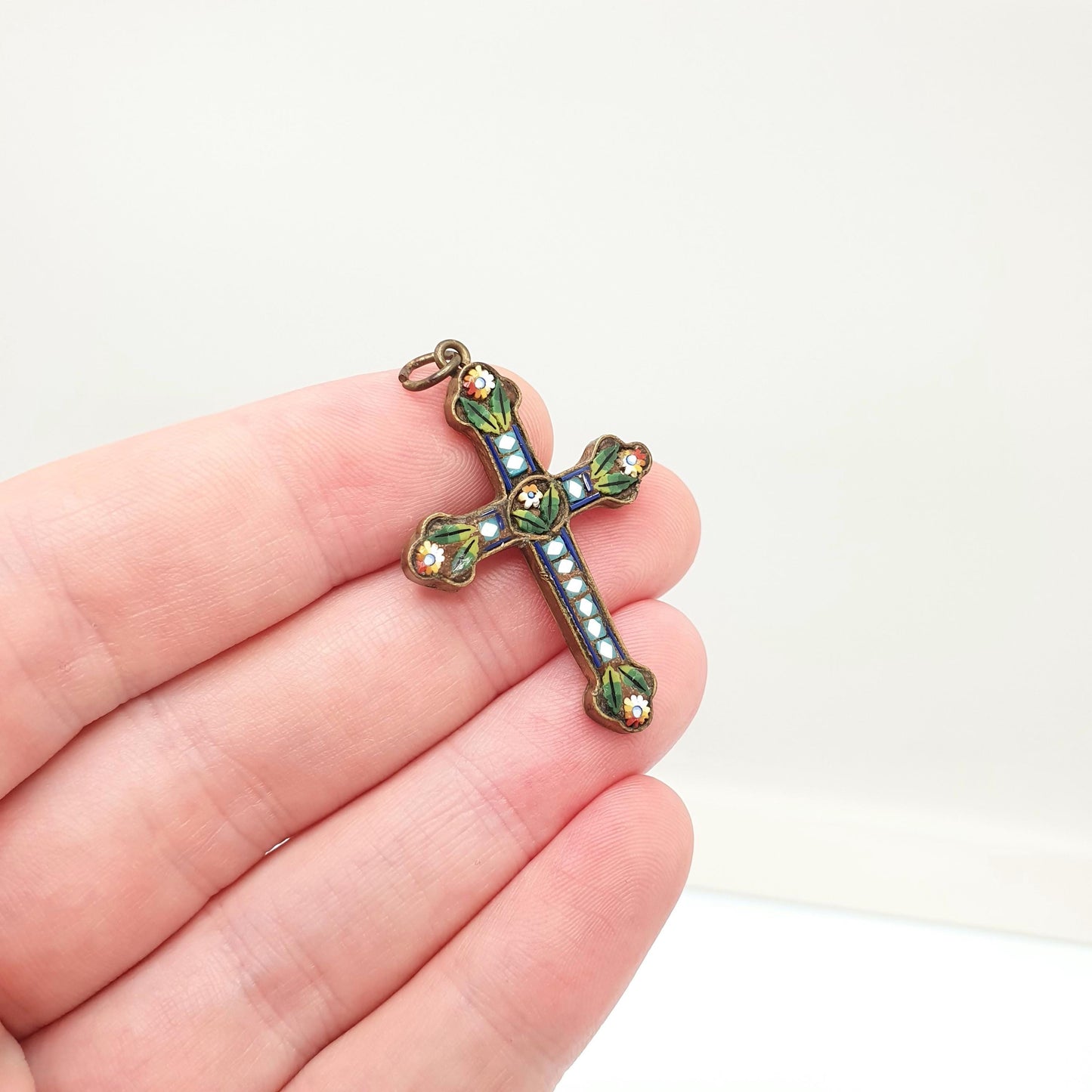 Antique Victorian Micro Mosaic Crucifix Necklace Pendant Cross Gold Tone Micromosaic Handmade Italian Vintage Jewelry Jewellery