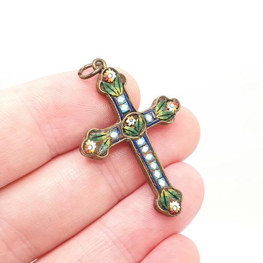 Antique Victorian Micro Mosaic Crucifix Necklace Pendant Cross Gold Tone Micromosaic Handmade Italian Vintage Jewelry Jewellery
