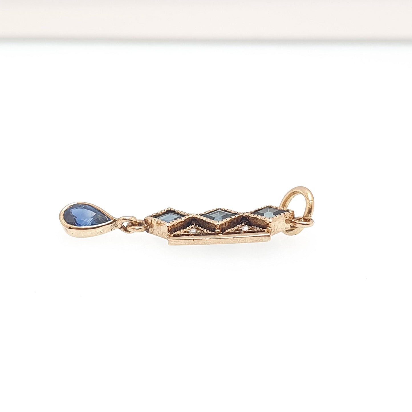 Antique 9ct 9k Gold Art Deco Sapphire Pendant Seed Pearl Necklace Square Cut Hanging Pear Cut Solid 9kt Vintage