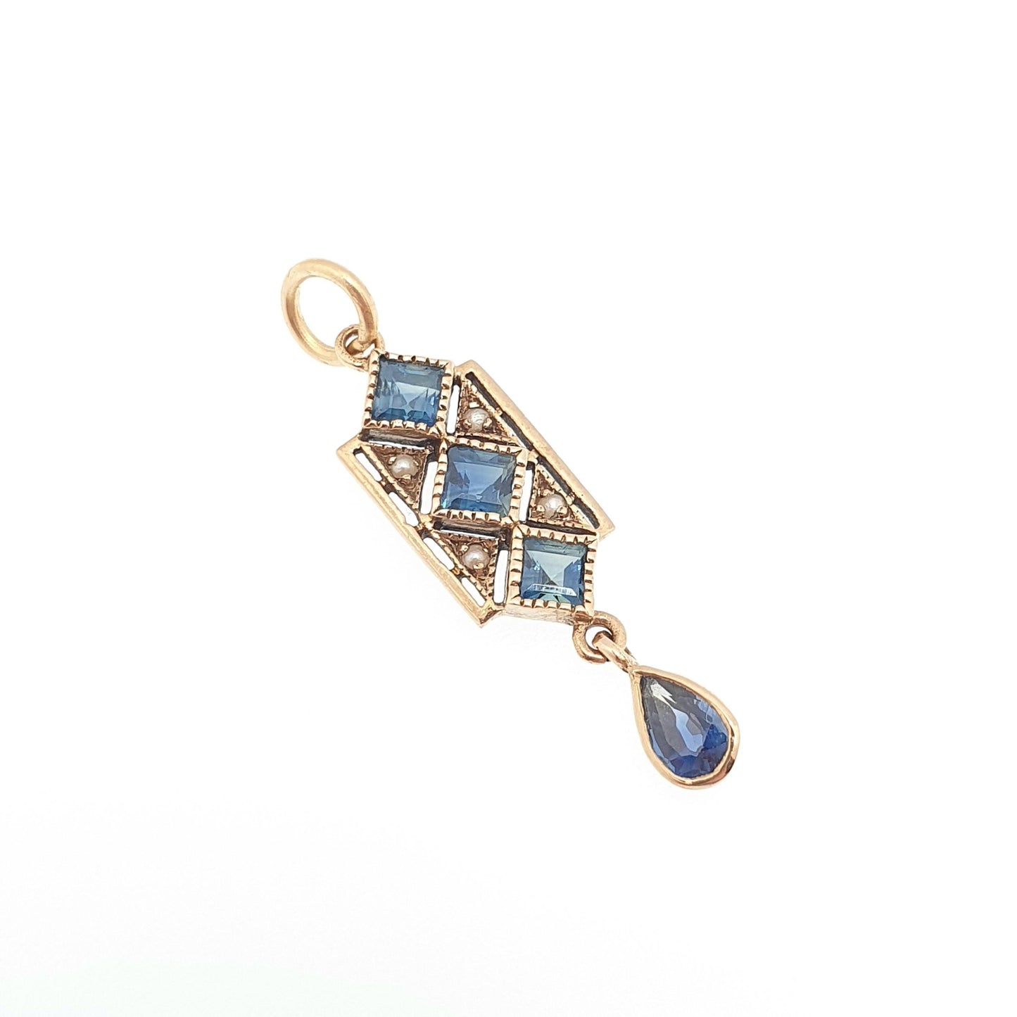 Antique 9ct 9k Gold Art Deco Sapphire Pendant Seed Pearl Necklace Square Cut Hanging Pear Cut Solid 9kt Vintage