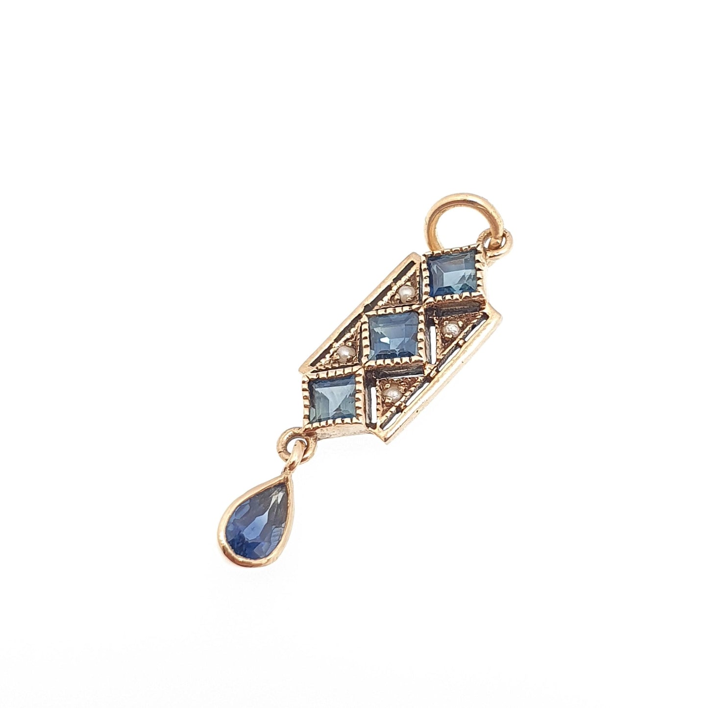 Antique 9ct 9k Gold Art Deco Sapphire Pendant Seed Pearl Necklace Square Cut Hanging Pear Cut Solid 9kt Vintage
