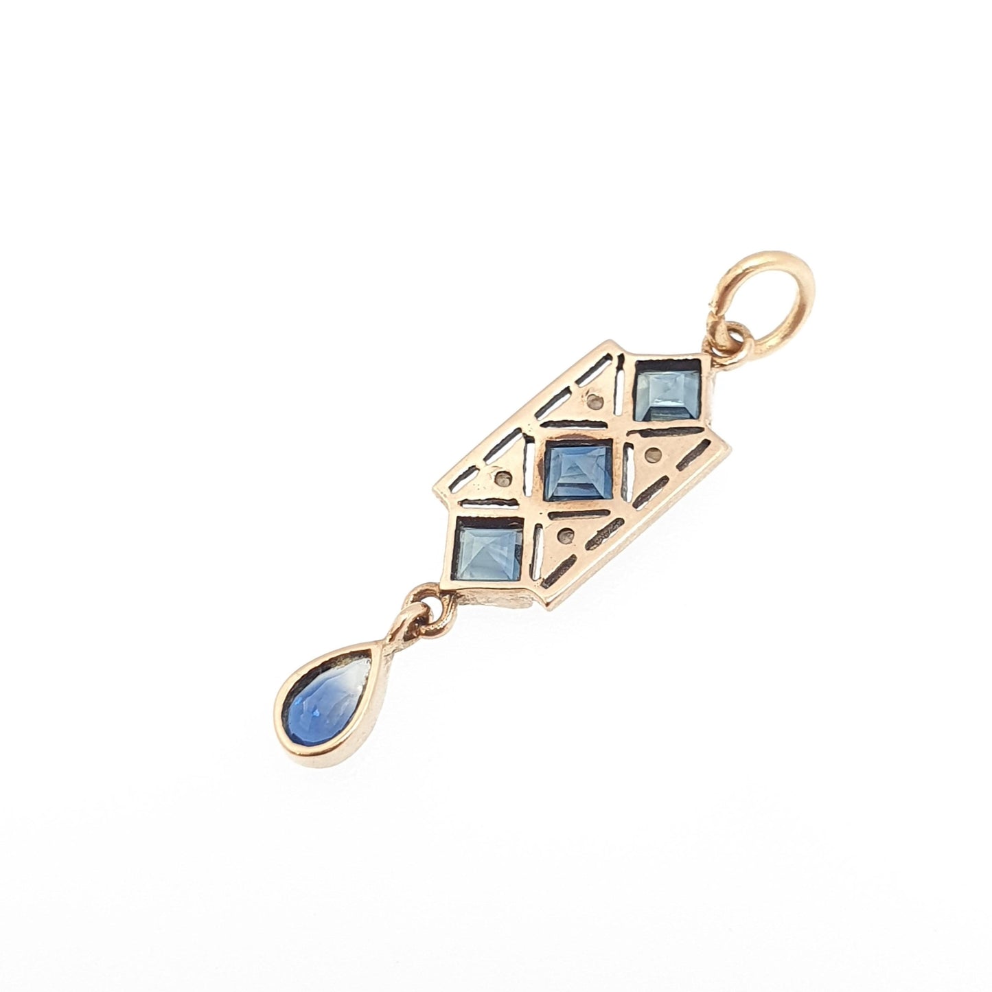 Antique 9ct 9k Gold Art Deco Sapphire Pendant Seed Pearl Necklace Square Cut Hanging Pear Cut Solid 9kt Vintage