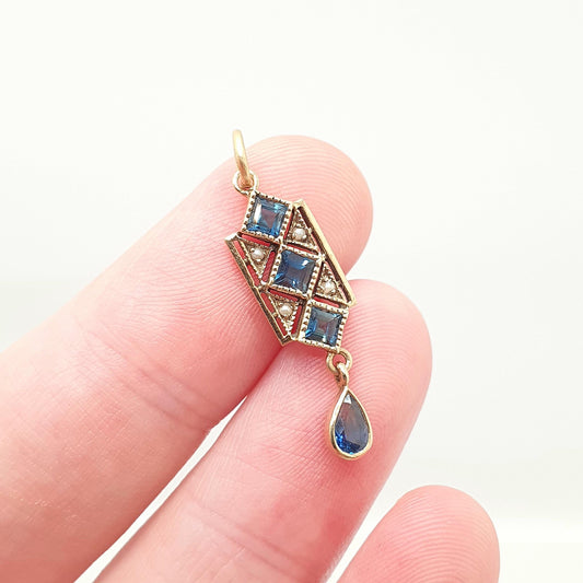 Antique 9ct 9k Gold Art Deco Sapphire Pendant Seed Pearl Necklace Square Cut Hanging Pear Cut Solid 9kt Vintage