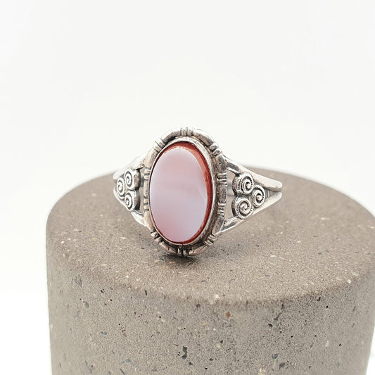 Antique Victorian Solid Silver Agate Signet Ring White Face Quartz Gemstone Arts and Craft Womens Vintage