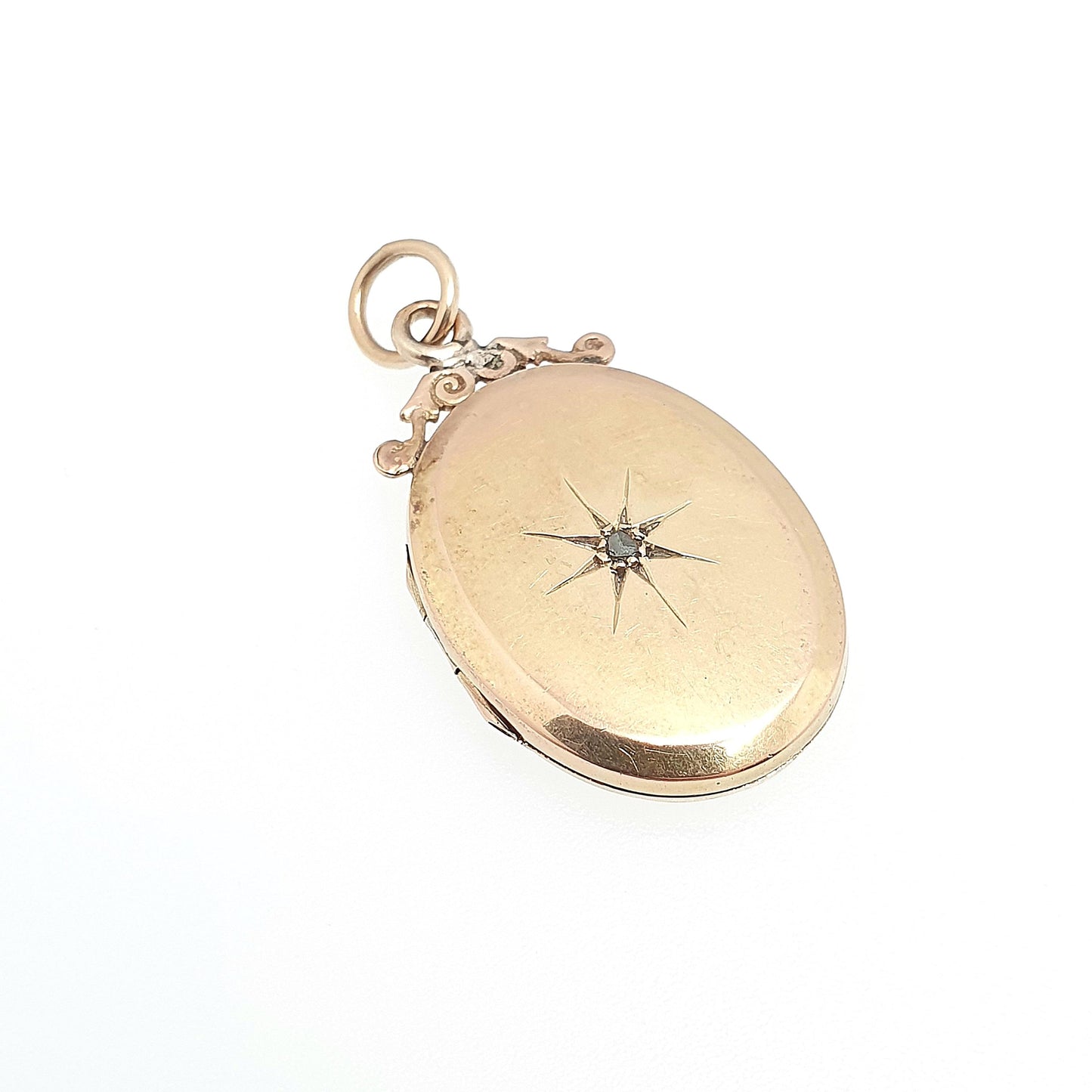 Antique 15ct Gold Diamond Locket Pendant Star Pattern Oval Solid 625 15k Fine Estate Back & Front Necklace Jewelry Womens Jewellery