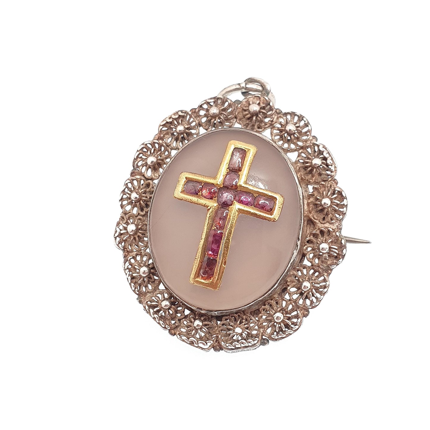 Antique Georgian 18ct Gold Ruby Crucifix Pendant Brooch Necklace Solid Silver Filigree White Chalcedony Gemstone Womens Jewelry Jewellery