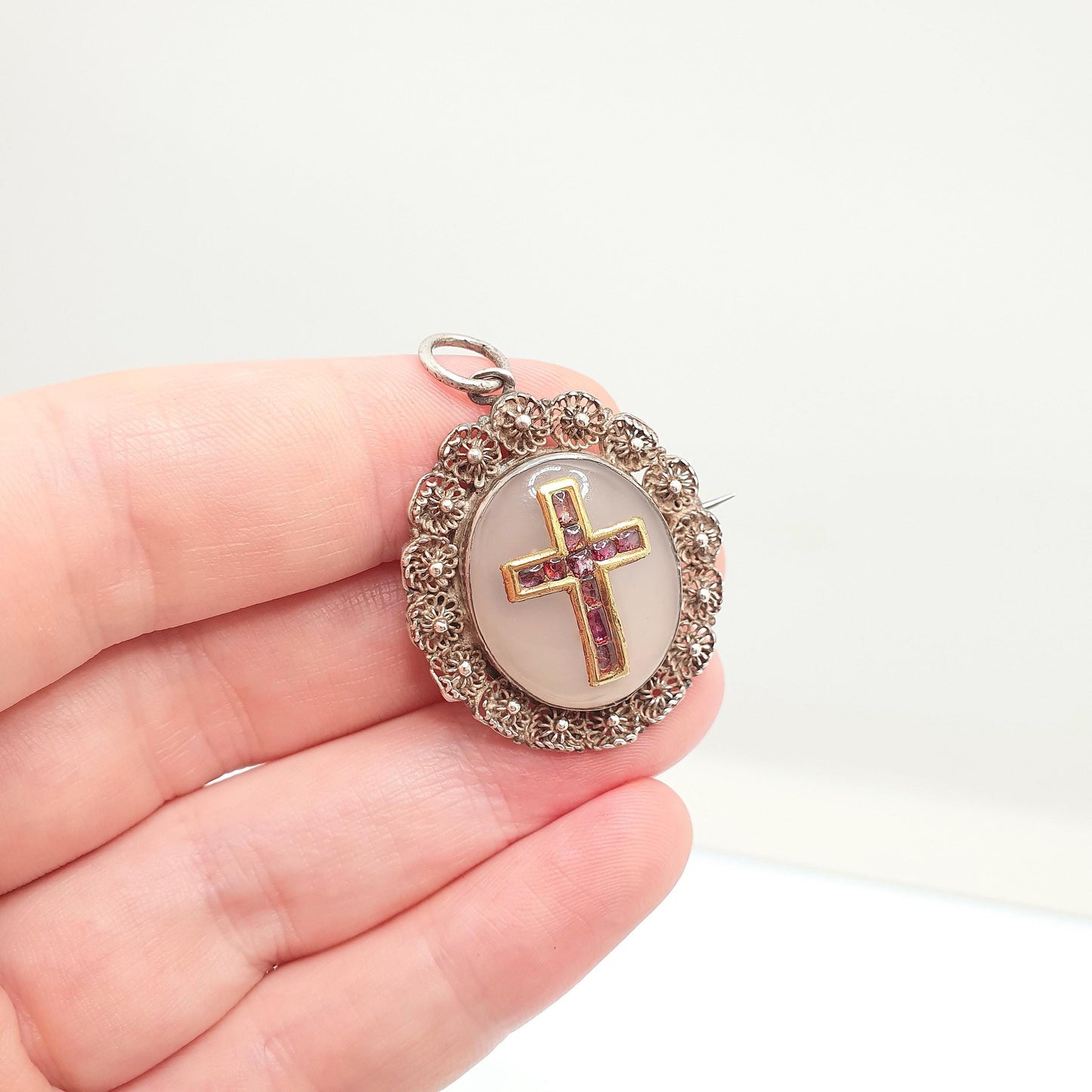 Antique Georgian 18ct Gold Ruby Crucifix Pendant Brooch Necklace Solid Silver Filigree White Chalcedony Gemstone Womens Jewelry Jewellery
