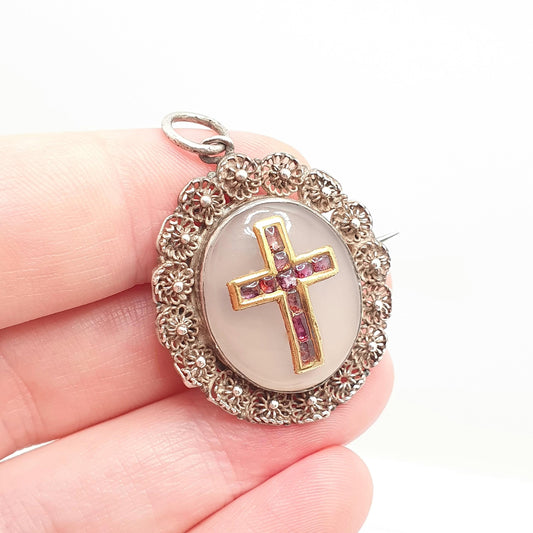 Antique Georgian 18ct Gold Ruby Crucifix Pendant Brooch Necklace Solid Silver Filigree White Chalcedony Gemstone Womens Jewelry Jewellery