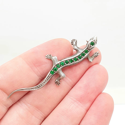 Antique Solid Silver Lizard Brooch Emerald Paste Marcasite Art Deco Reptile Pin Animal Gecko Vintage Green Womens Jewelry Jewellery