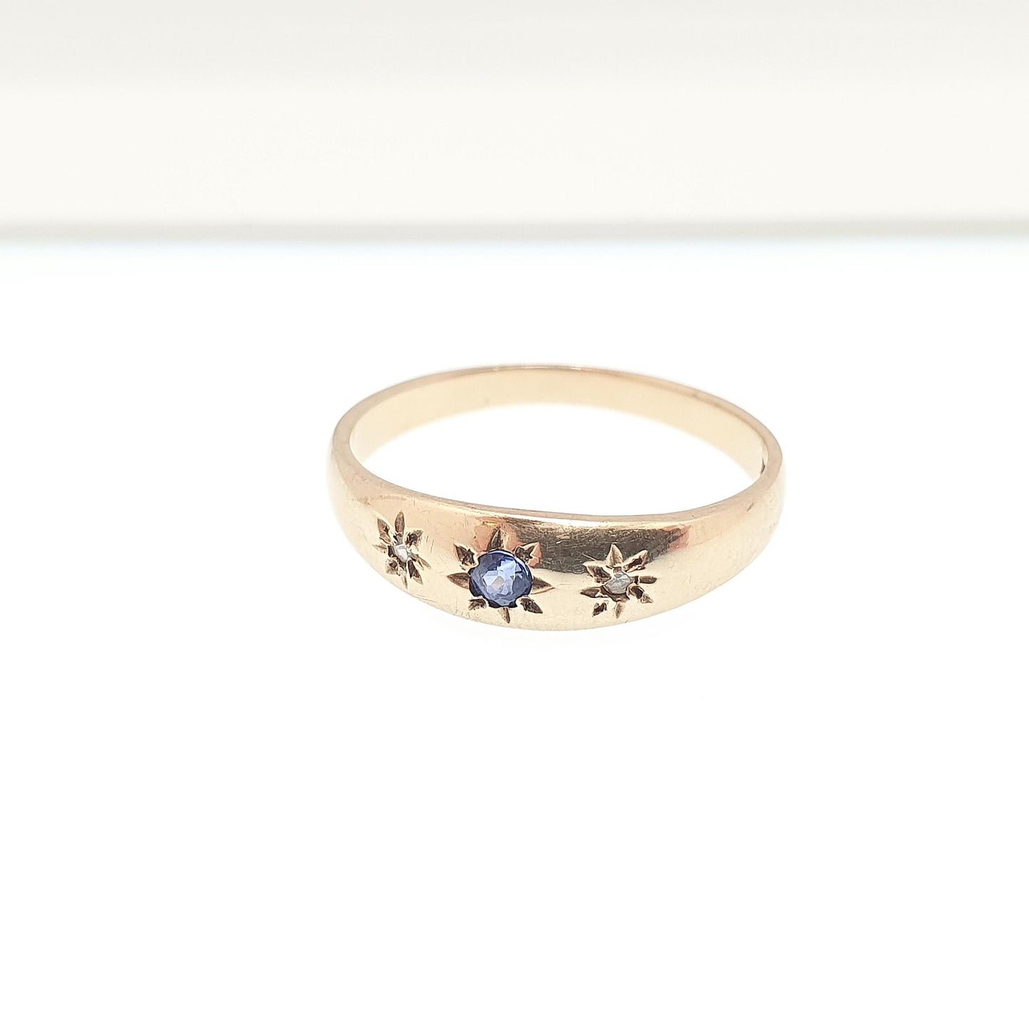 Vintage 9k Gold Diamond & Sapphire Ring Gypsy Solid 9ct 375 Victorian Style Hallmark Fine Estate Gemstone Womens Jewelry Jewellery
