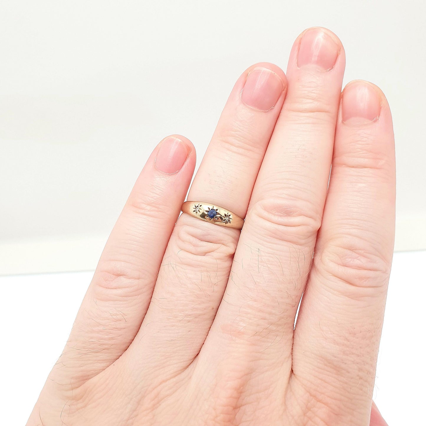 Vintage 9k Gold Diamond & Sapphire Ring Gypsy Solid 9ct 375 Victorian Style Hallmark Fine Estate Gemstone Womens Jewelry Jewellery