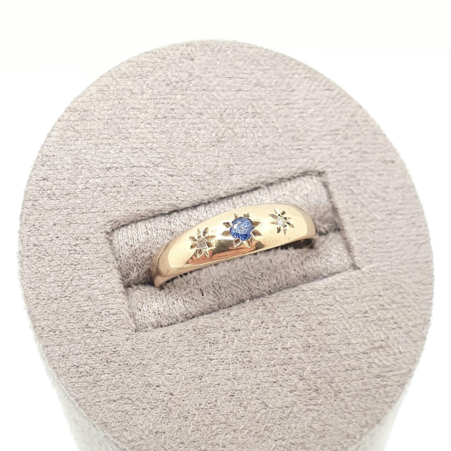 Vintage 9k Gold Diamond & Sapphire Ring Gypsy Solid 9ct 375 Victorian Style Hallmark Fine Estate Gemstone Womens Jewelry Jewellery