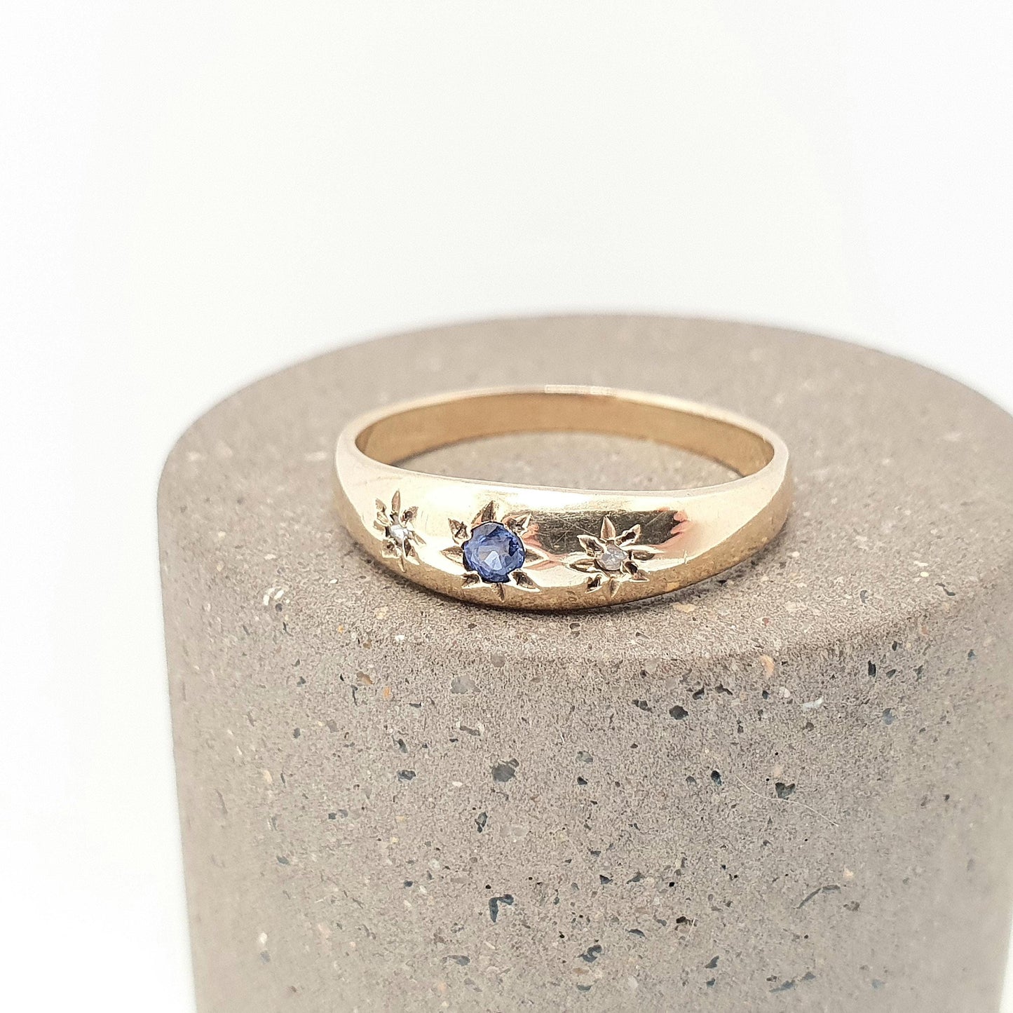 Vintage 9k Gold Diamond & Sapphire Ring Gypsy Solid 9ct 375 Victorian Style Hallmark Fine Estate Gemstone Womens Jewelry Jewellery