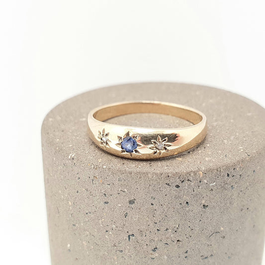 Vintage 9k Gold Diamond & Sapphire Ring Gypsy Solid 9ct 375 Victorian Style Hallmark Fine Estate Gemstone Womens Jewelry Jewellery