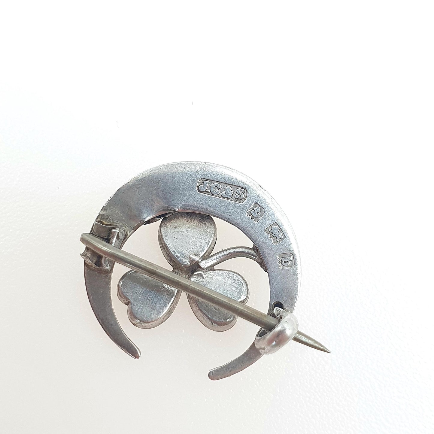 Antique Sterling Silver Connemara Marble Clover Crescent Moon Brooch Womens Jewellery Irish Pin Celtic Lucky Jewelry