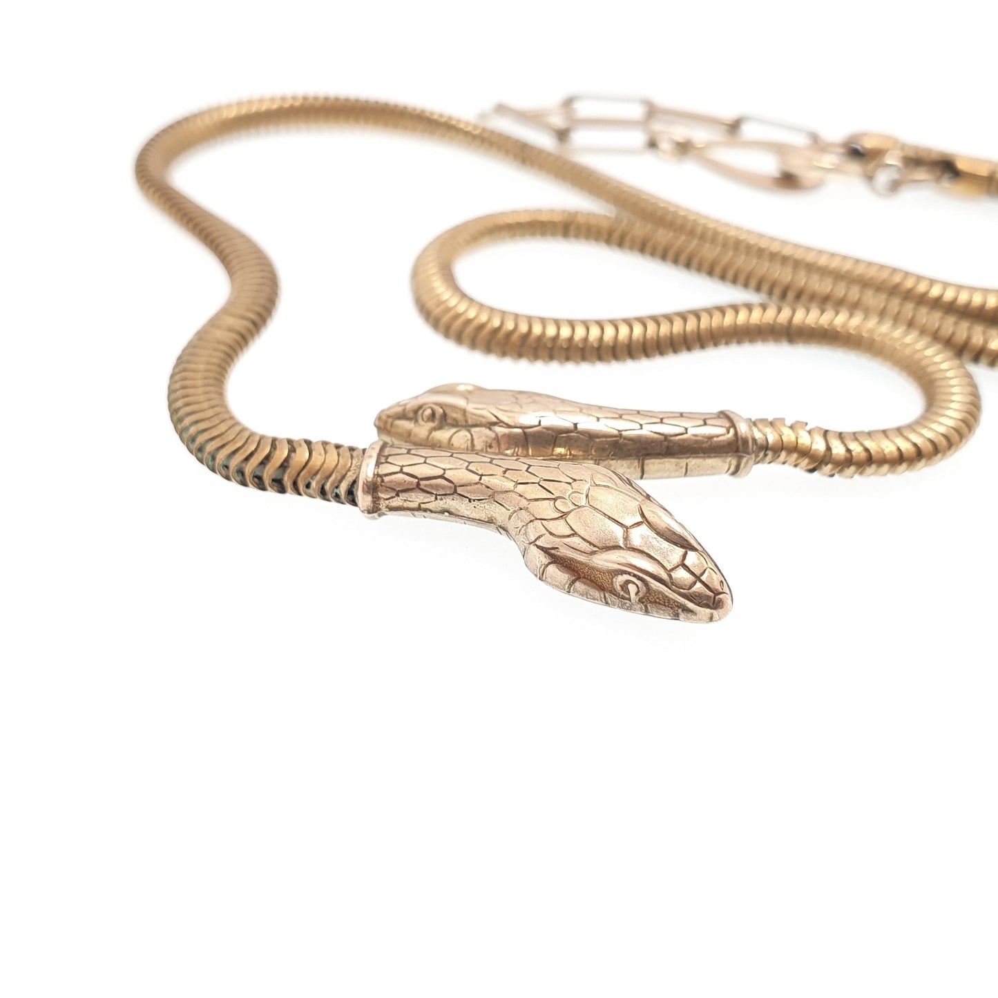 Antique Victorian Rolled Gold Snake Necklace Double Headed Serpent Gold Filled Pendant 1800s Vintage Womens Jewelry Jewellery