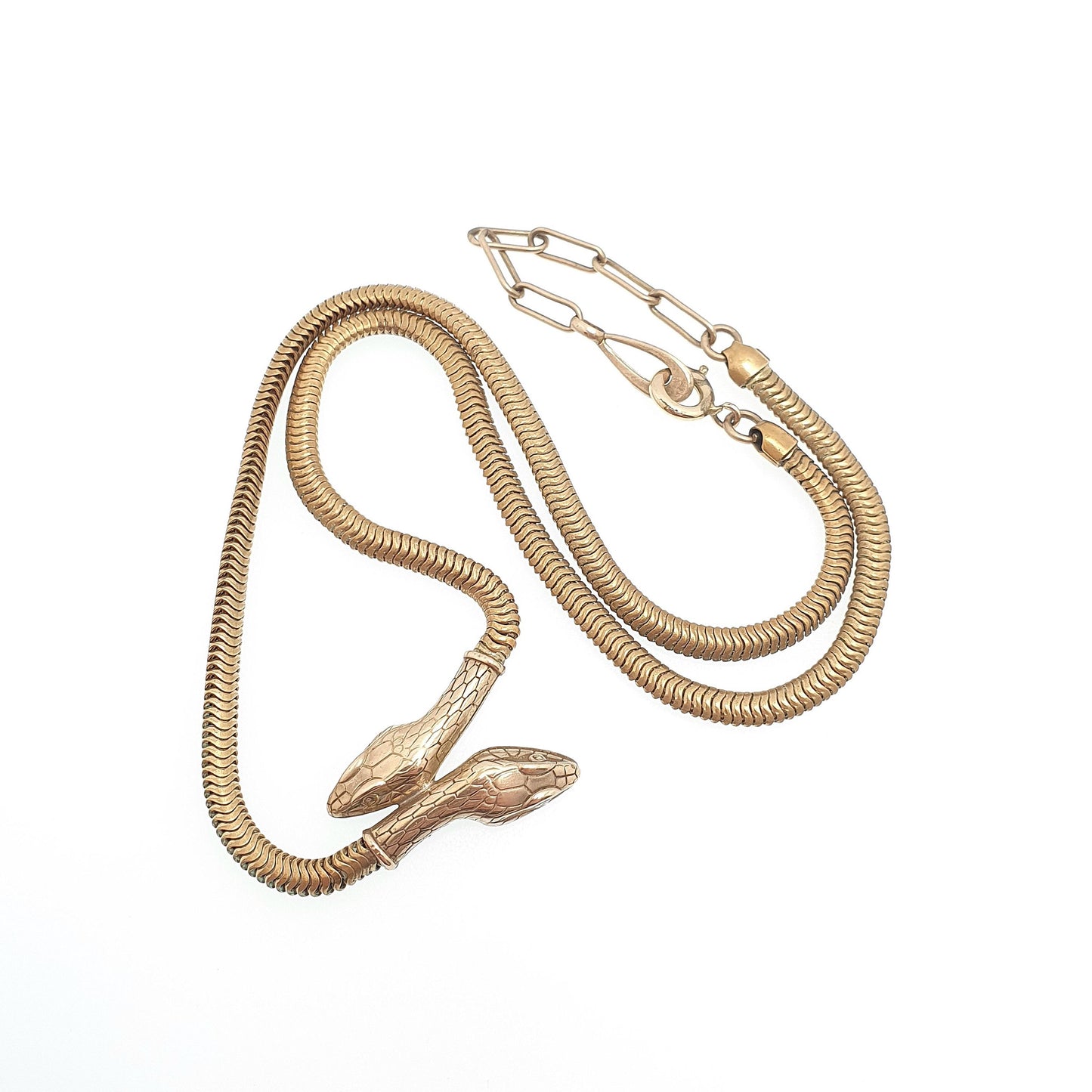 Antique Victorian Rolled Gold Snake Necklace Double Headed Serpent Gold Filled Pendant 1800s Vintage Womens Jewelry Jewellery