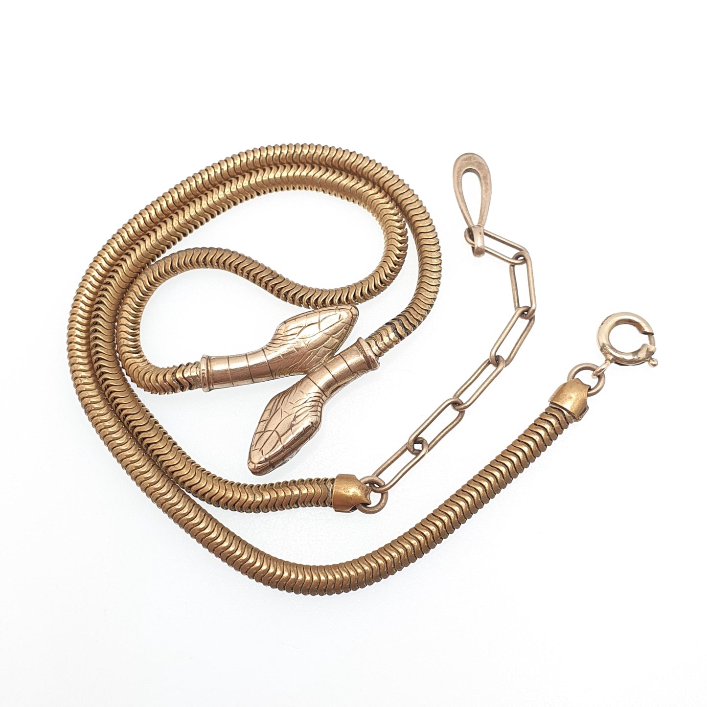 Antique Victorian Rolled Gold Snake Necklace Double Headed Serpent Gold Filled Pendant 1800s Vintage Womens Jewelry Jewellery