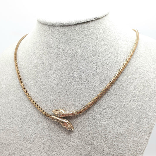 Antique Victorian Rolled Gold Snake Necklace Double Headed Serpent Gold Filled Pendant 1800s Vintage Womens Jewelry Jewellery