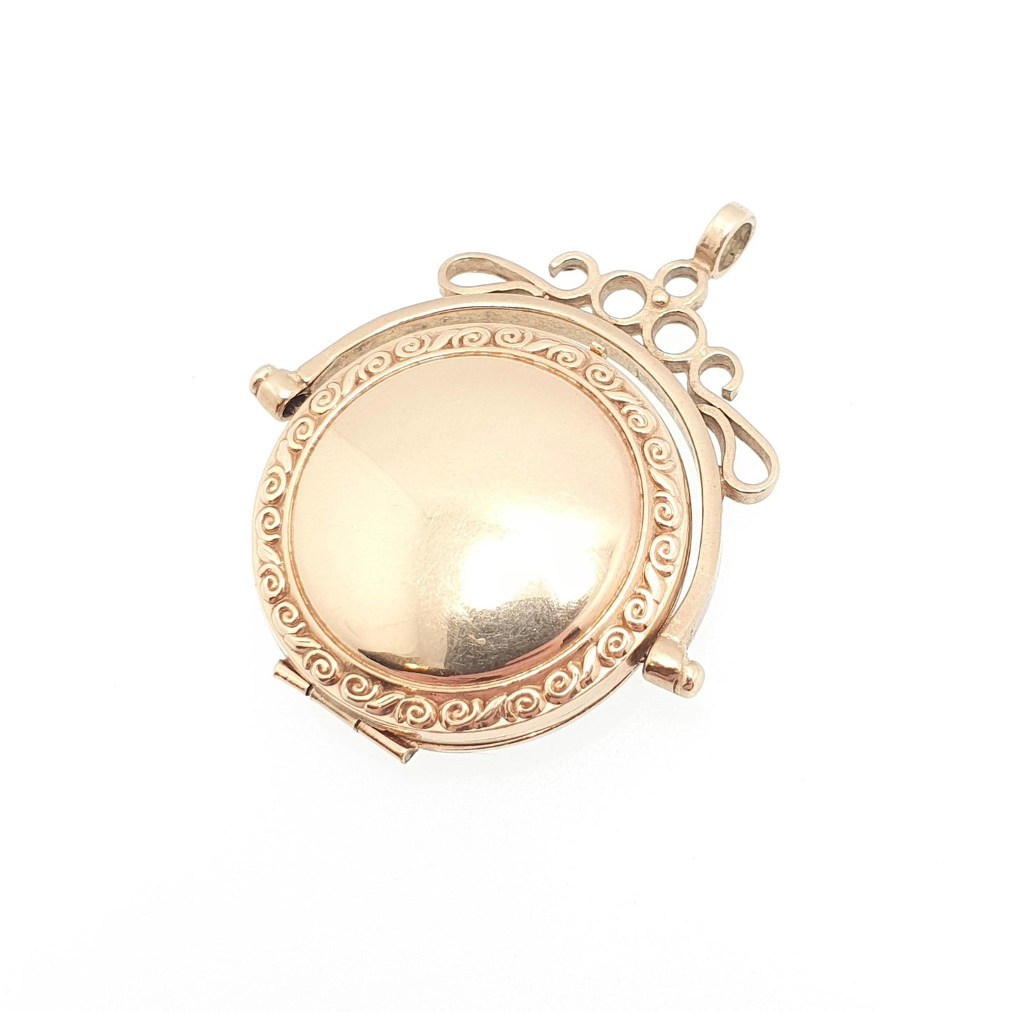 Vintage Solid 9k 9ct Gold Spinner Locket Pendant Fob Necklace Spinning Large Solid 9ct 9 Carat Engraved Photo Picture Retro Womens Jewelry