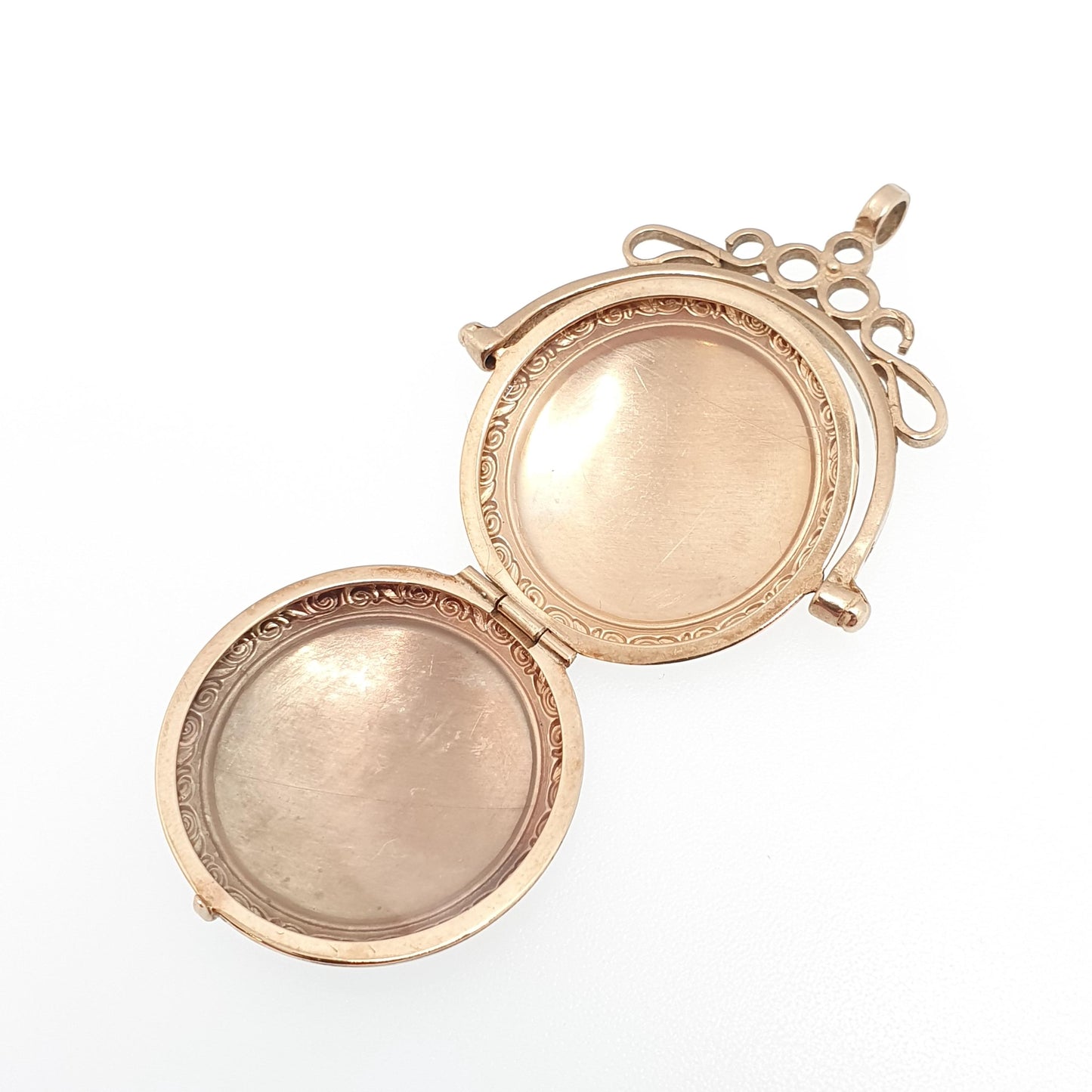 Vintage Solid 9k 9ct Gold Spinner Locket Pendant Fob Necklace Spinning Large Solid 9ct 9 Carat Engraved Photo Picture Retro Womens Jewelry