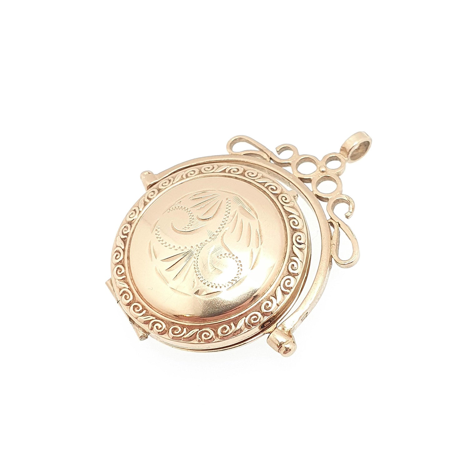 Vintage Solid 9k 9ct Gold Spinner Locket Pendant Fob Necklace Spinning Large Solid 9ct 9 Carat Engraved Photo Picture Retro Womens Jewelry