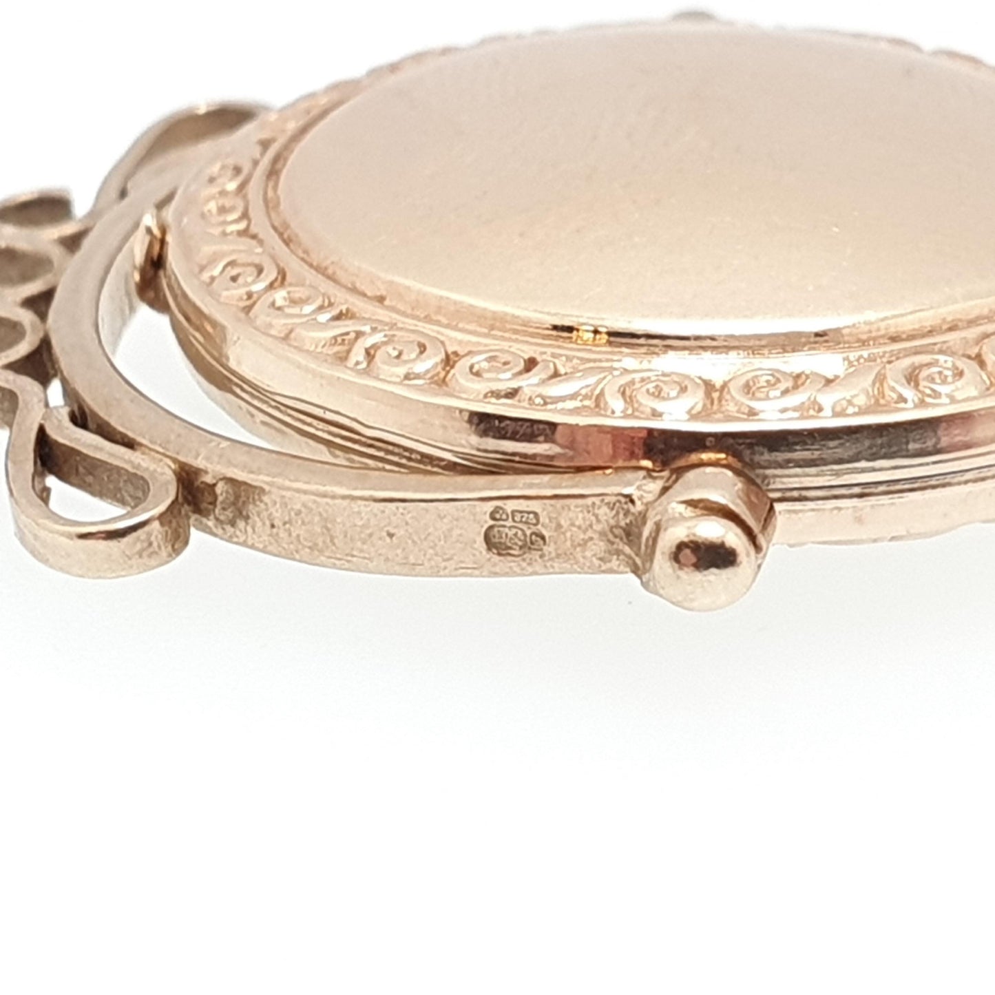 Vintage Solid 9k 9ct Gold Spinner Locket Pendant Fob Necklace Spinning Large Solid 9ct 9 Carat Engraved Photo Picture Retro Womens Jewelry