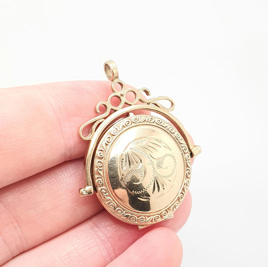 Vintage Solid 9k 9ct Gold Spinner Locket Pendant Fob Necklace Spinning Large Solid 9ct 9 Carat Engraved Photo Picture Retro Womens Jewelry