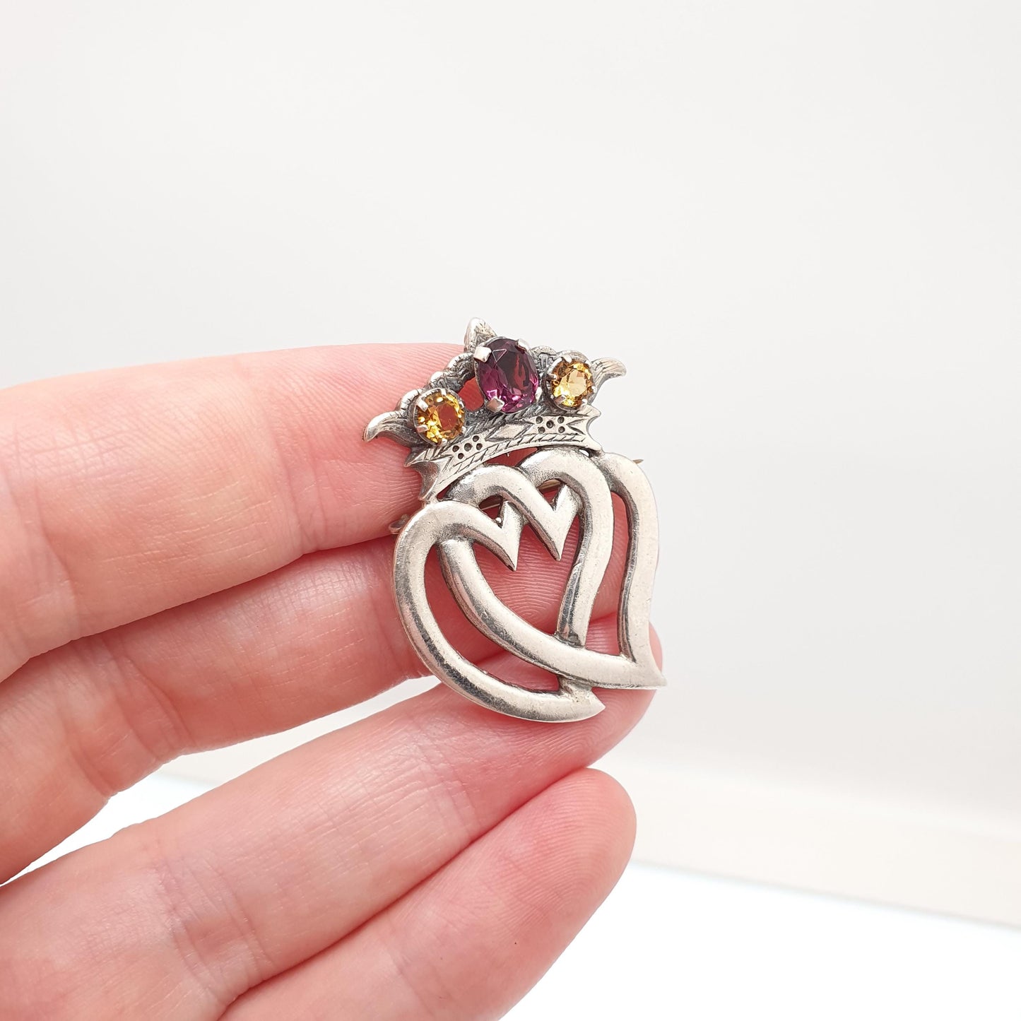Old Vintage Sterling Silver Luckenbooth Brooch Scottish Amethyst Citrine Paste 1954 Hallmarked Heart Crown Pin Claddagh
