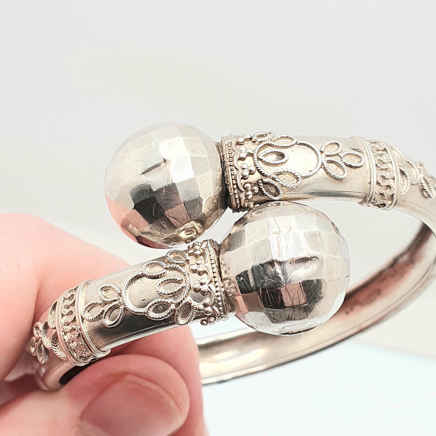 Antique Victorian Solid Silver Bypass Bangle Crossover Bracelet Bauble Filigree 1800s Fine Vintage Jewelry Jewellery