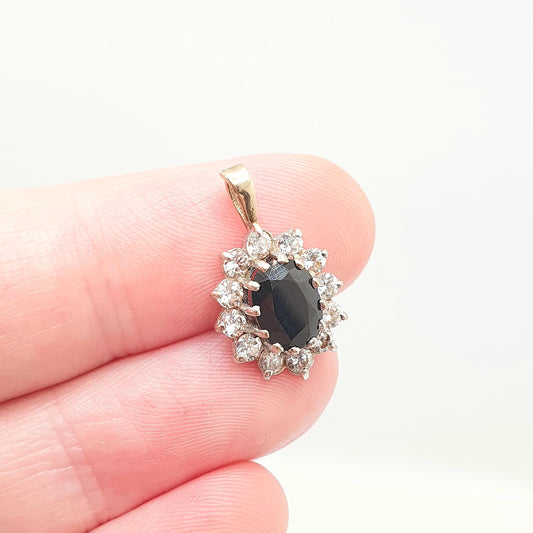 Vintage 9ct Gold Sapphire Pendant CZ Cluster Solid 375 9k Real Large Oval Cut Gemstone Necklace Halo Fine Retro Womens Jewelry Jewellery