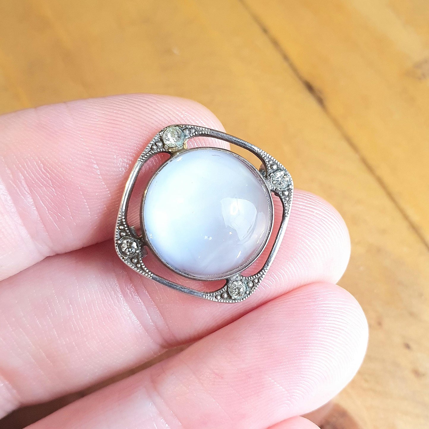 Antique Moonstone Sterling Silver Brooch Diamond Paste Cabochon Cut Edwardian Gemstone Vintage Adularescence Jewelry Jewellery