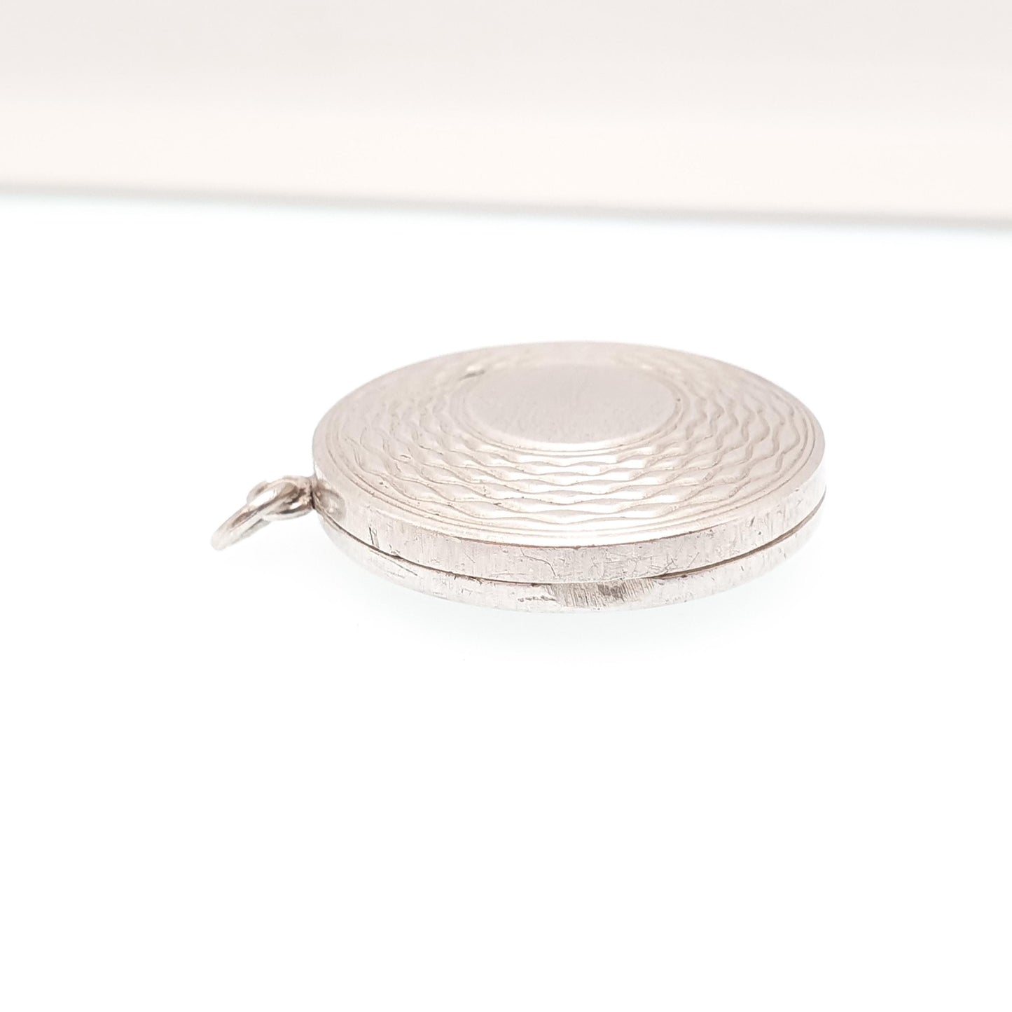Antique Solid Silver Locket Art Deco Geometric Pattern Round Circle Necklace Pendant Rare Fine 1920s Picture Photo Jewelry Vintage Jewellery