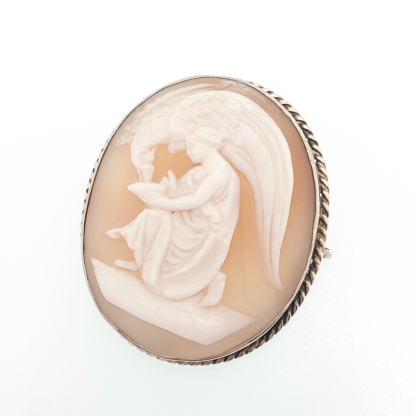 Antique Solid Silver Cameo Brooch: Hand Carved Shell Eagle, 1920s Art Deco, Large Vintage Jewelry