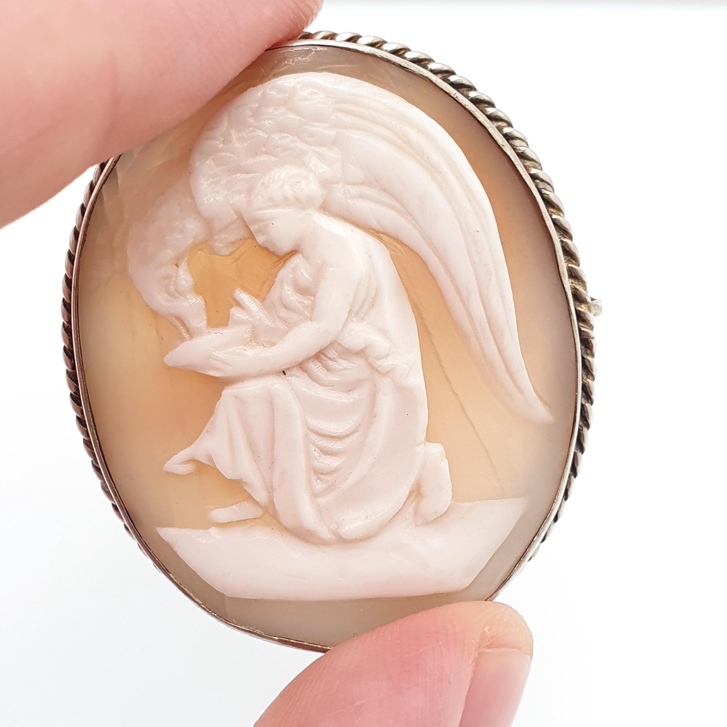 Antique Solid Silver Cameo Brooch: Hand Carved Shell Eagle, 1920s Art Deco, Large Vintage Jewelry