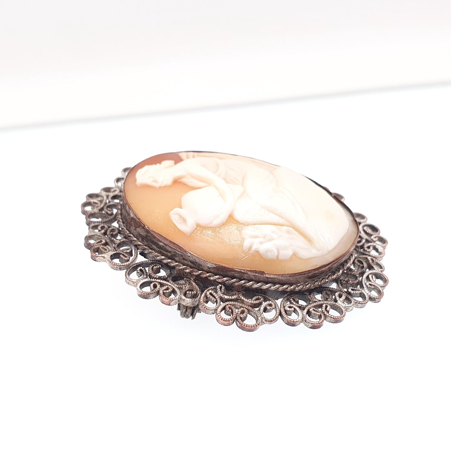 Antique Victorian Cameo Brooch Lady with Water Vase Pot Aquarius Silver Plate Filigree Handmade Carved Shell Genuine Italy European Italian