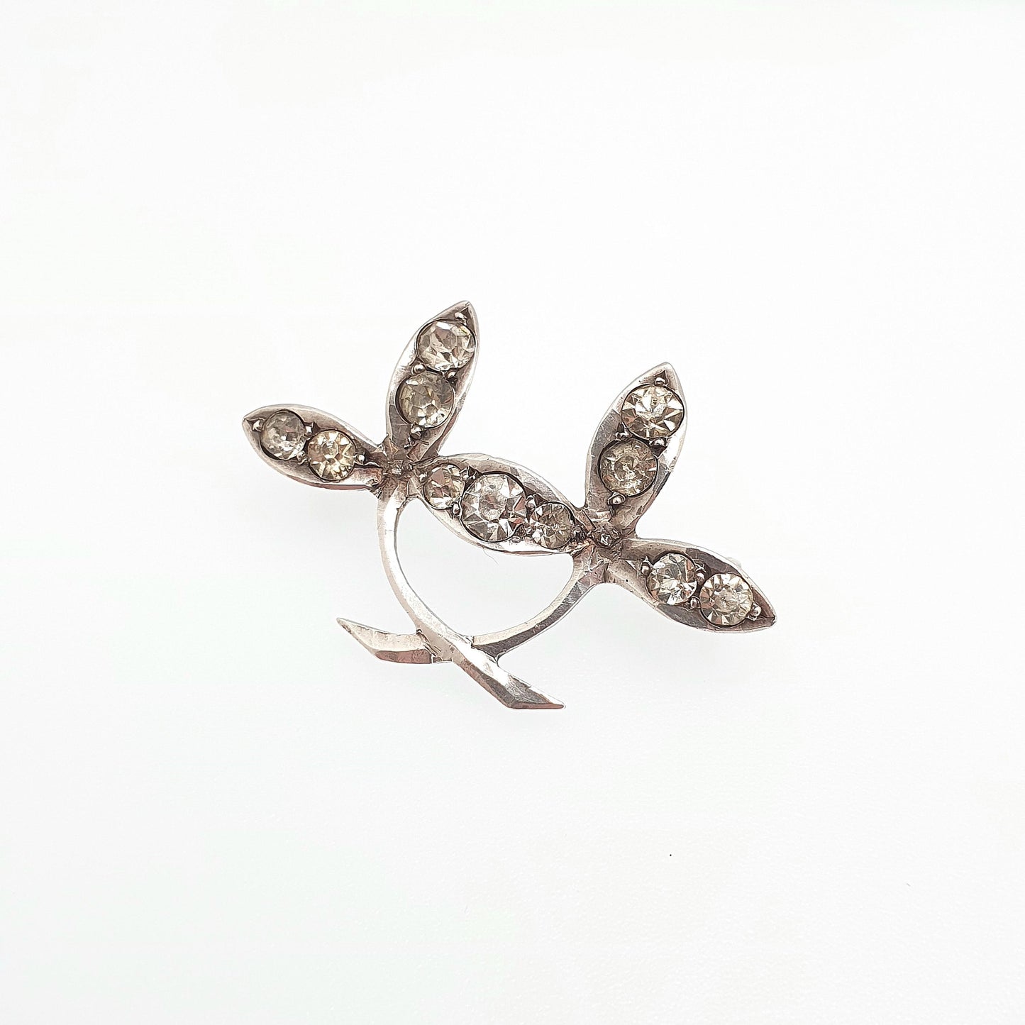 Antique Diamond Paste Sterling Silver Brooch Pin Double Leaf Victorian Sparkly Vintage Womens Jewelry Jewellery