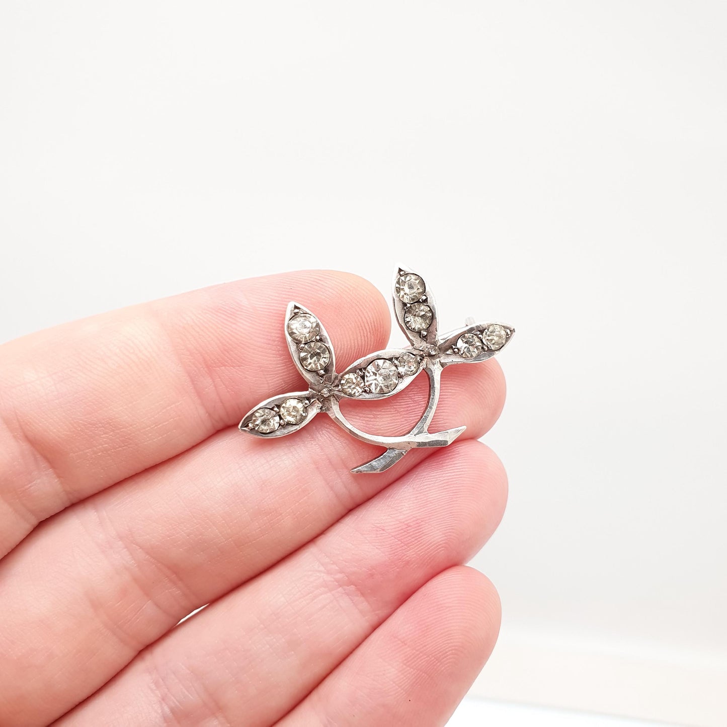 Antique Diamond Paste Sterling Silver Brooch Pin Double Leaf Victorian Sparkly Vintage Womens Jewelry Jewellery