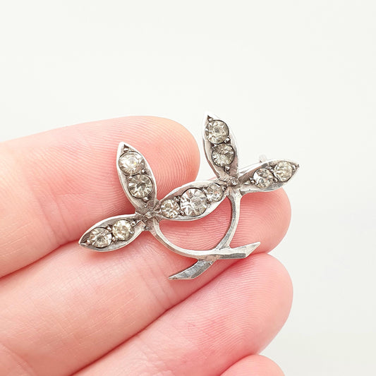 Antique Diamond Paste Sterling Silver Brooch Pin Double Leaf Victorian Sparkly Vintage Womens Jewelry Jewellery