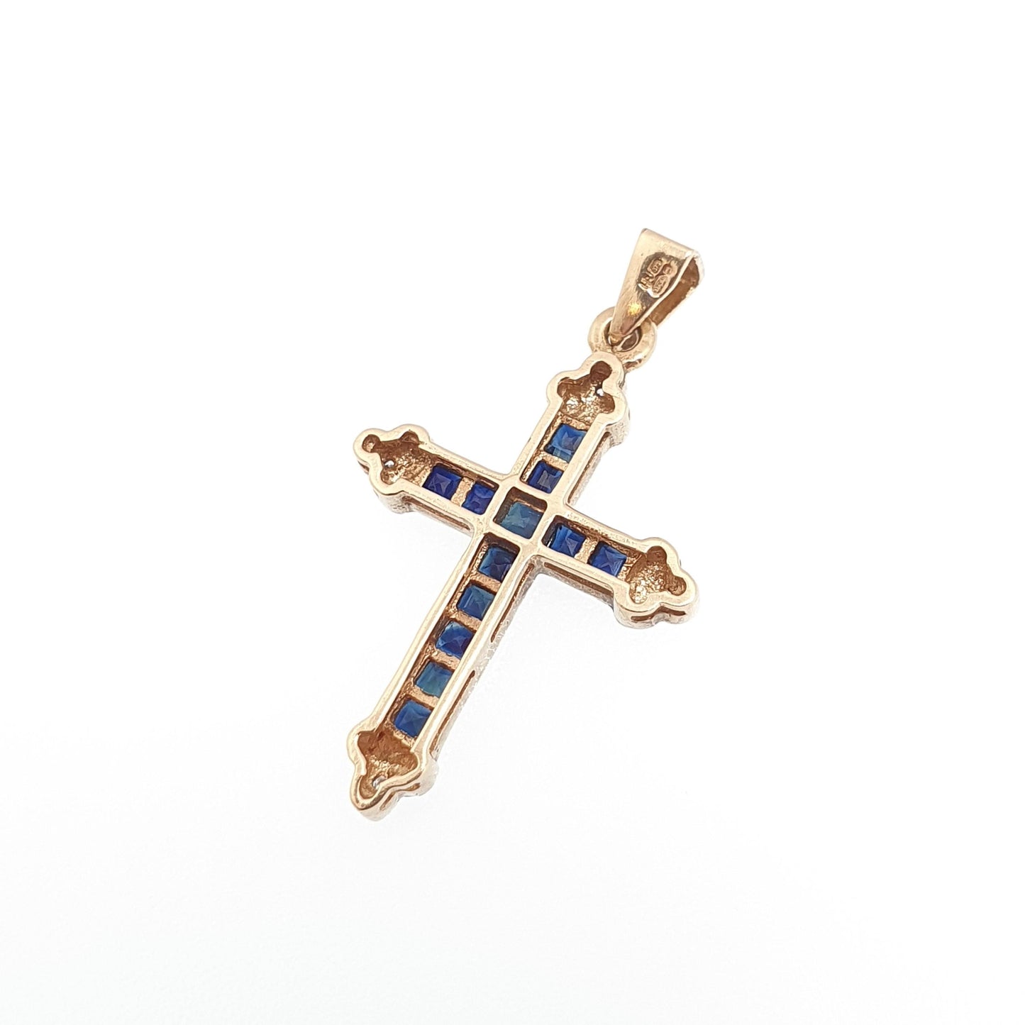 Vintage 9k 9ct Gold Sapphire & Diamond Cross Crucifix Necklace Pendant Solid 375 9kt Square Cut Channel Set Jewelry Jewellery