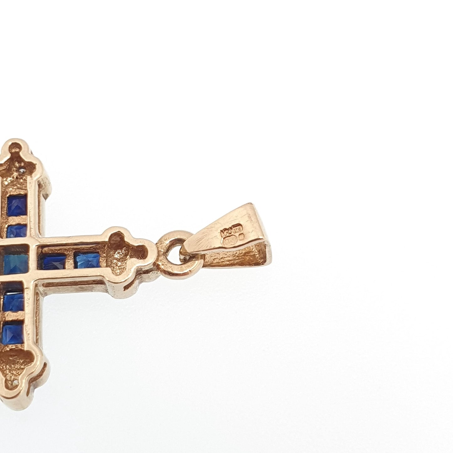 Vintage 9k 9ct Gold Sapphire & Diamond Cross Crucifix Necklace Pendant Solid 375 9kt Square Cut Channel Set Jewelry Jewellery