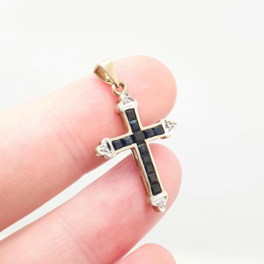 Vintage 9k 9ct Gold Sapphire & Diamond Cross Crucifix Necklace Pendant Solid 375 9kt Square Cut Channel Set Jewelry Jewellery