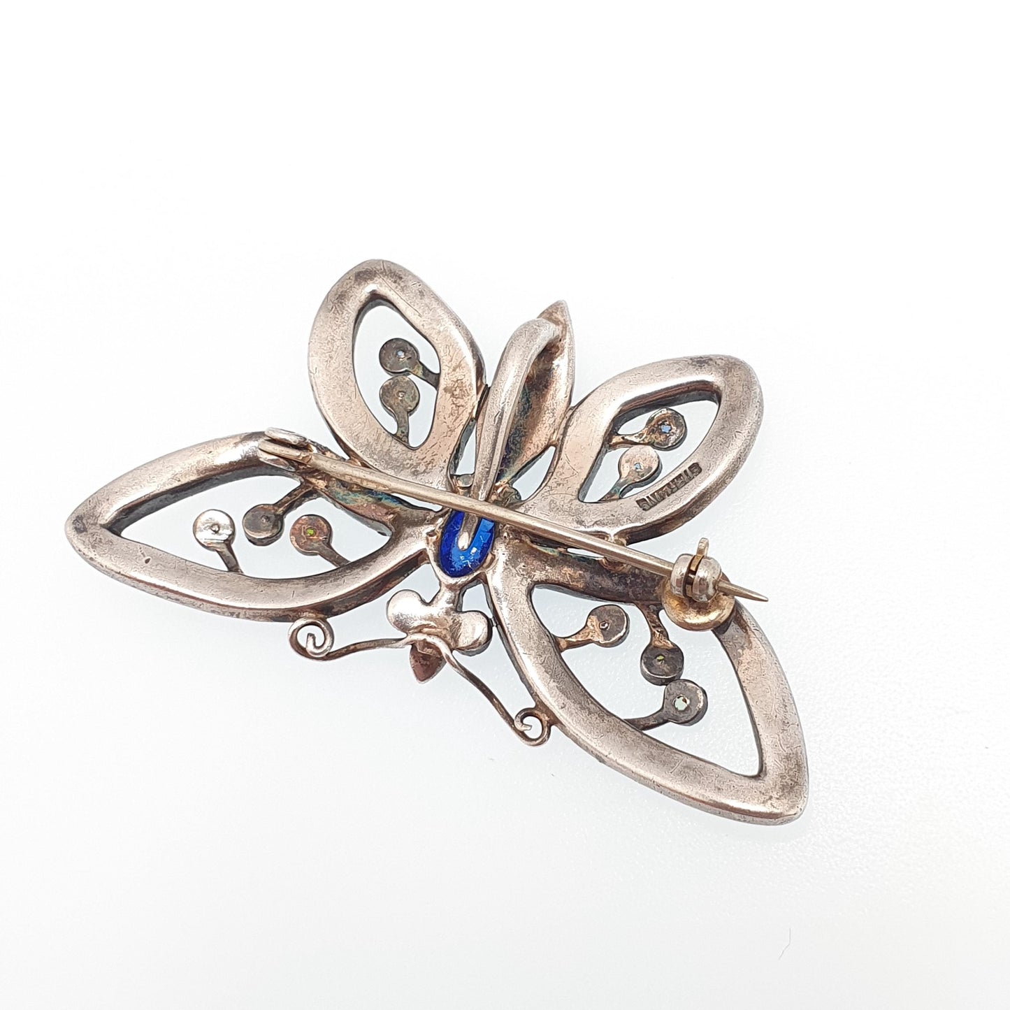 Antique Sterling Silver Butterfly Brooch Multi-coloured Paste Pendant Necklace Insect Bug Art Deco 1920s Large Big