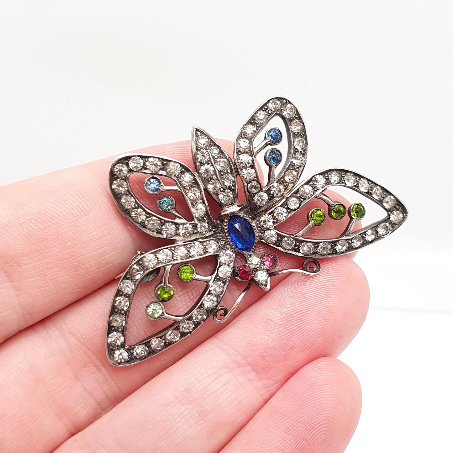 Antique Sterling Silver Butterfly Brooch Multi-coloured Paste Pendant Necklace Insect Bug Art Deco 1920s Large Big