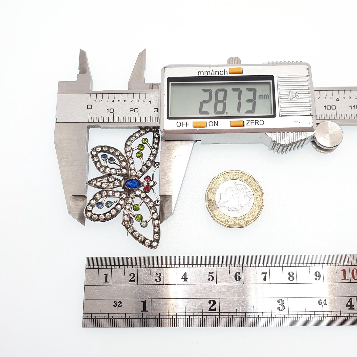 Antique Sterling Silver Butterfly Brooch Multi-coloured Paste Pendant Necklace Insect Bug Art Deco 1920s Large Big
