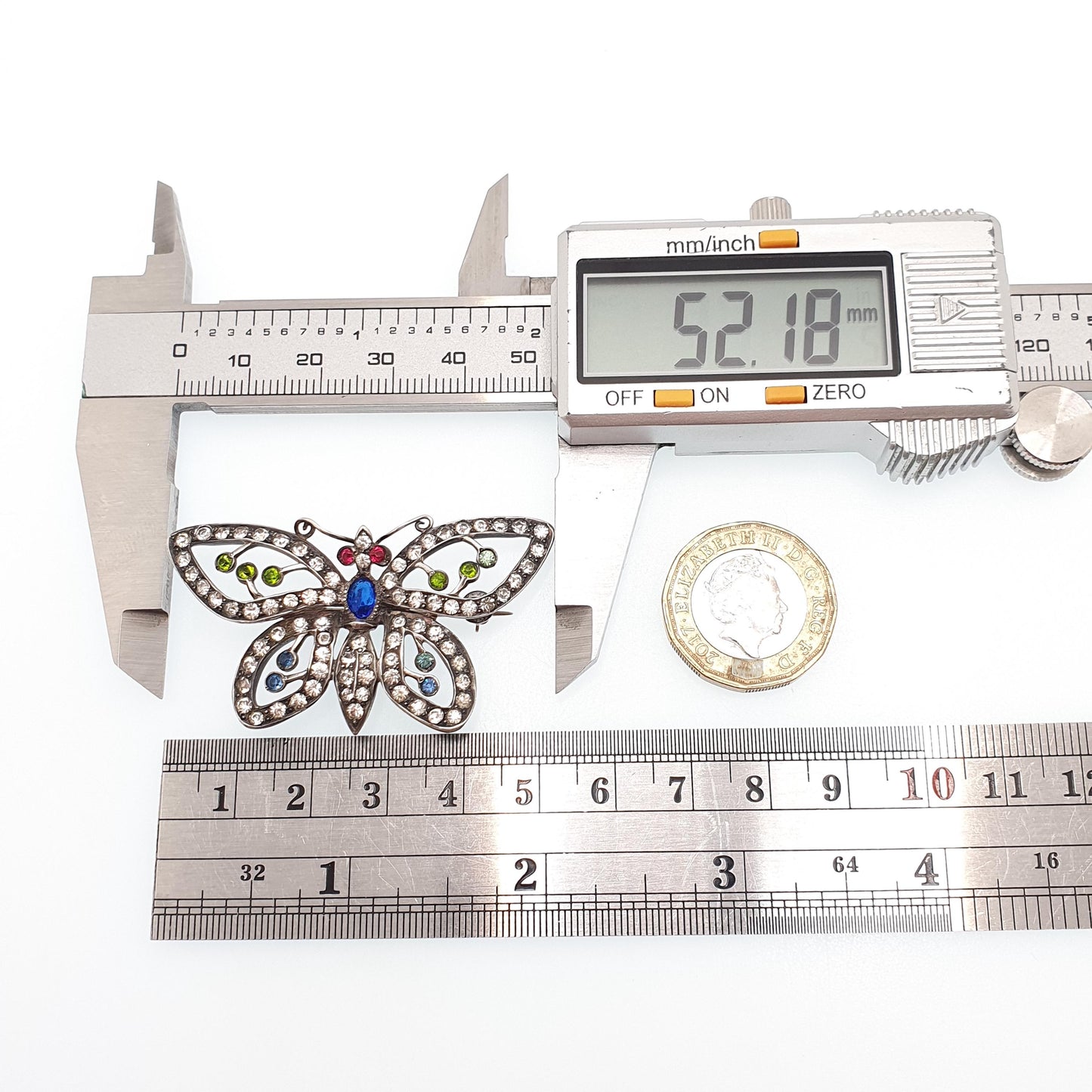Antique Sterling Silver Butterfly Brooch Multi-coloured Paste Pendant Necklace Insect Bug Art Deco 1920s Large Big
