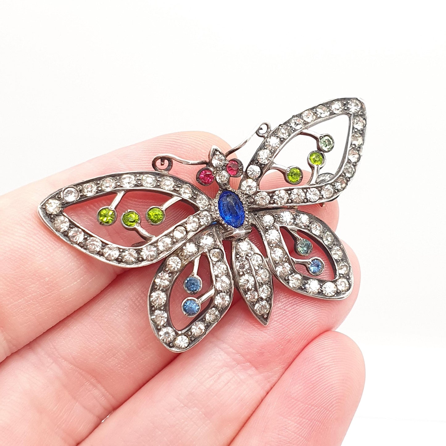 Antique Sterling Silver Butterfly Brooch Multi-coloured Paste Pendant Necklace Insect Bug Art Deco 1920s Large Big
