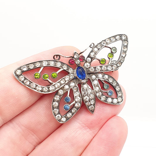 Antique Sterling Silver Butterfly Brooch Multi-coloured Paste Pendant Necklace Insect Bug Art Deco 1920s Large Big