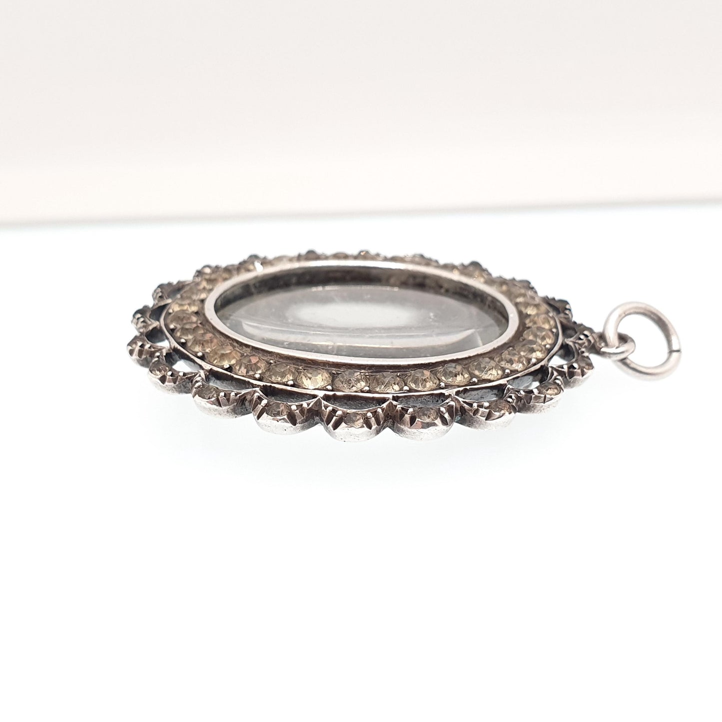 Antique Solid Silver Diamond Paste Locket Pendant Edwardian Oval Large Big Necklace Picture Photo Double Sided